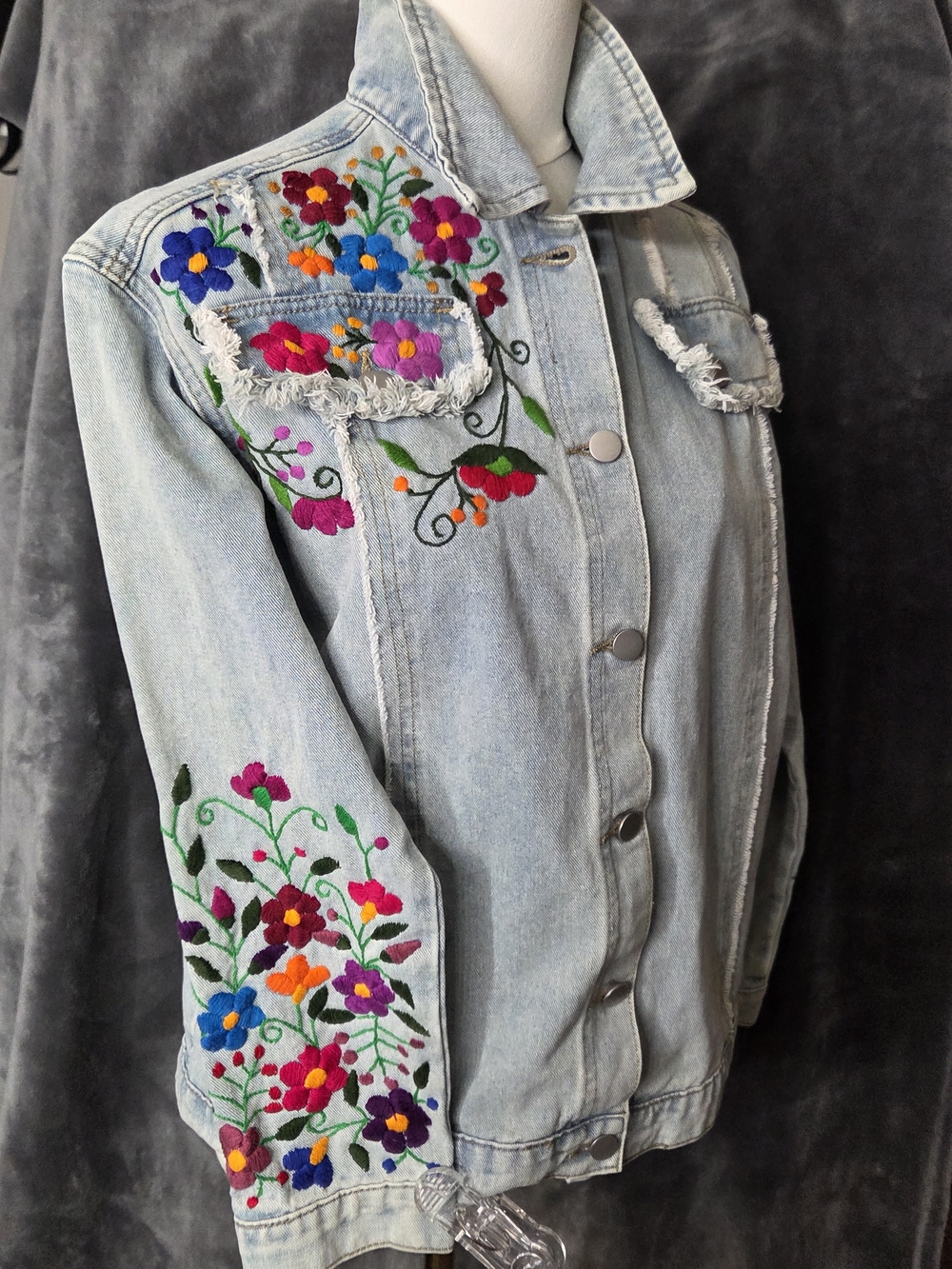 SHEIN Light Blue Denim Jacket with Colorful Floral Embroidery